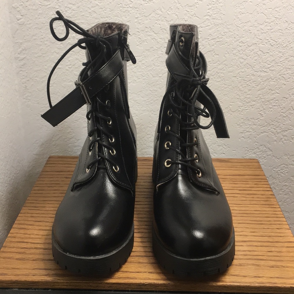 Black Lace Up Chunky Heeled Combat Boot